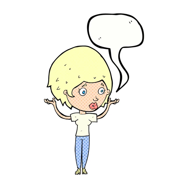 Cartoon woman raising hands in air with speech bubble — Stock Vector