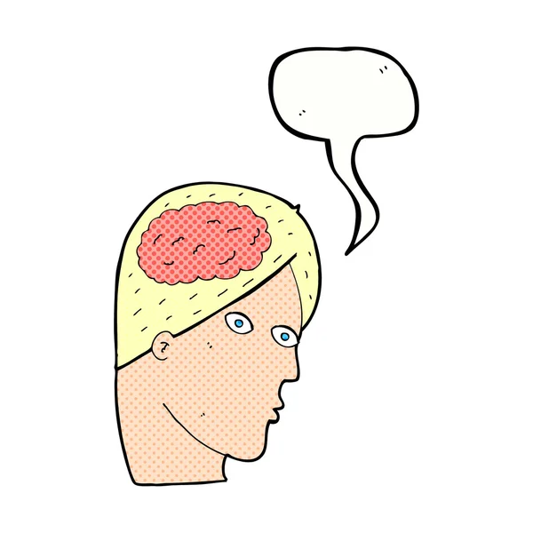 Tête de dessin animé avec symbole du cerveau avec bulle vocale — Image vectorielle