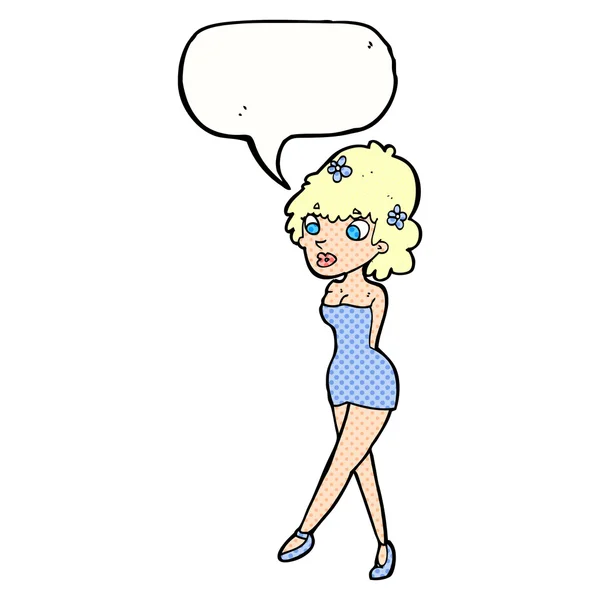 Cartoon vrouw poseren in jurk met spraak zeepbel — Stockvector