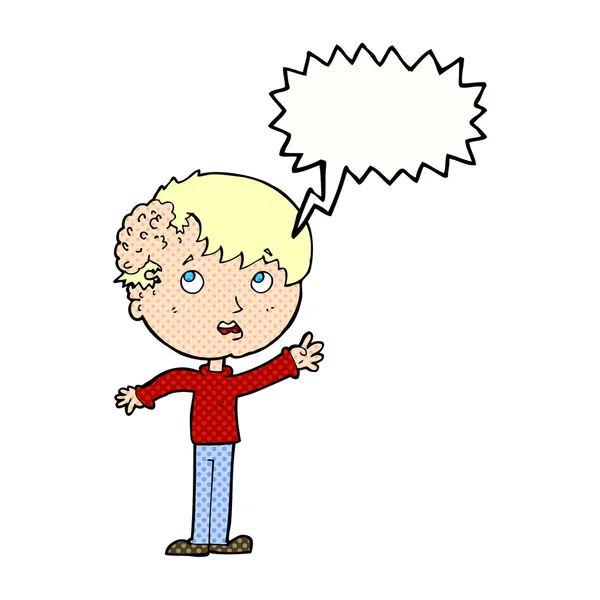 Cartoon boy with growth on head with speech bubble — Stock Vector