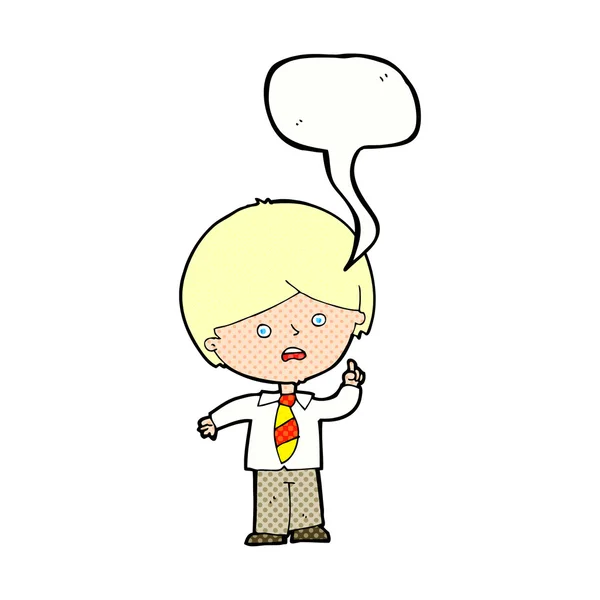 Cartoon worried school boy raising hand with speech bubble — Stock Vector