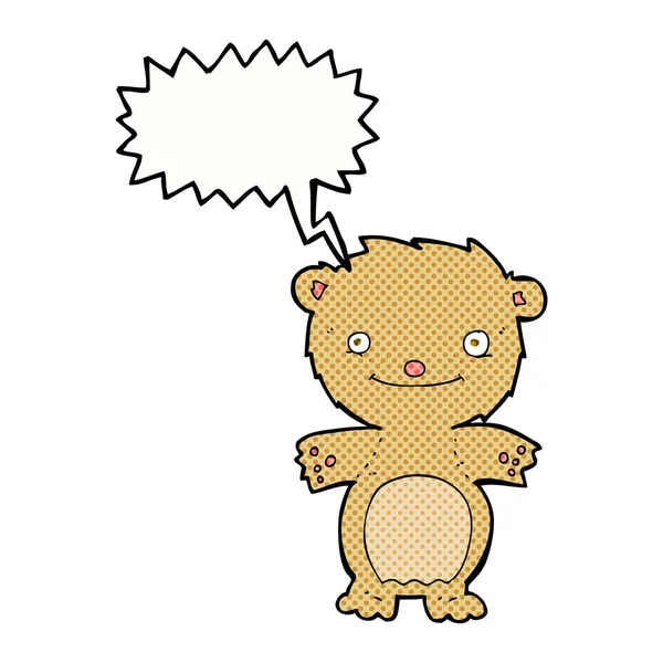 Cartoon happy little teddy bear with speech bubble — Stock Vector