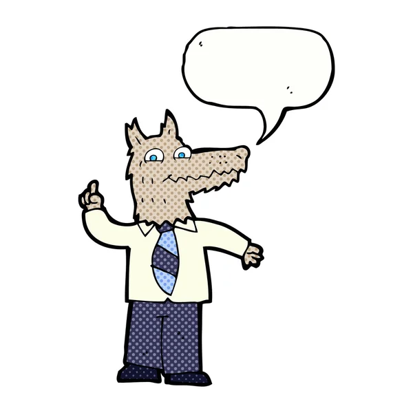 Lobo de negócios de desenhos animados com ideia com bolha de fala — Vetor de Stock