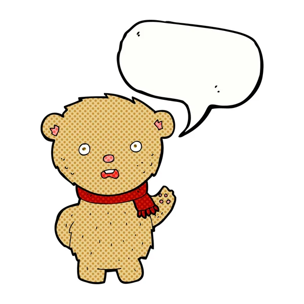 Oso de peluche de dibujos animados con bufanda con burbuja del habla — Vector de stock