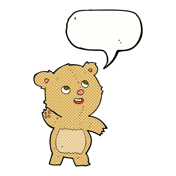 Dibujos animados lindo oso de peluche ondeante con burbuja del habla — Archivo Imágenes Vectoriales