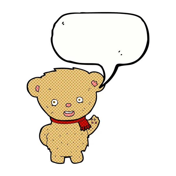 Cartoon teddy bear waving with speech bubble — Stock Vector