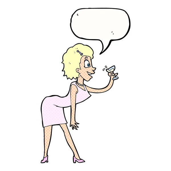Mujer de dibujos animados con bebida con burbuja del habla — Vector de stock