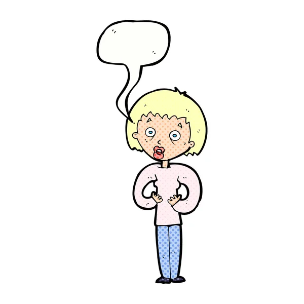 Cartoon woman gesturing at self with speech bubble — Stock Vector