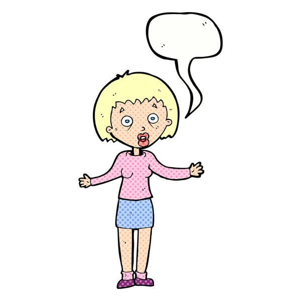Mulher dos desenhos animados fazendo desculpas com bolha de fala — Vetor de Stock