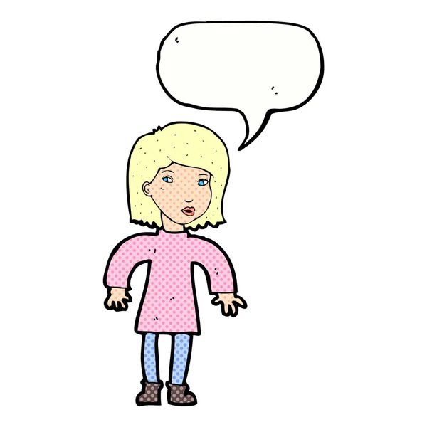 Cartoon cautious woman with speech bubble — Stock Vector