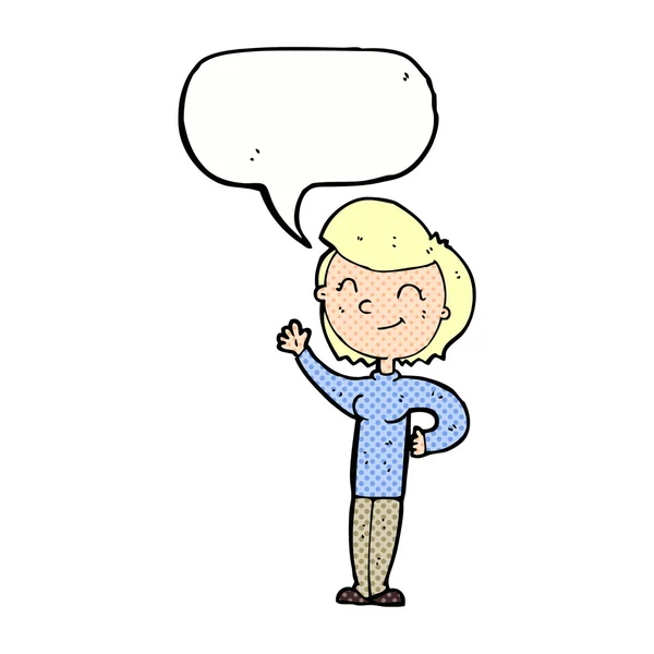 Dibujos animados mujer saludando amigable con burbuja de habla — Archivo Imágenes Vectoriales