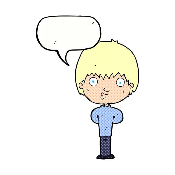 Karikatur pfeifender Junge mit Sprechblase — Stockvektor