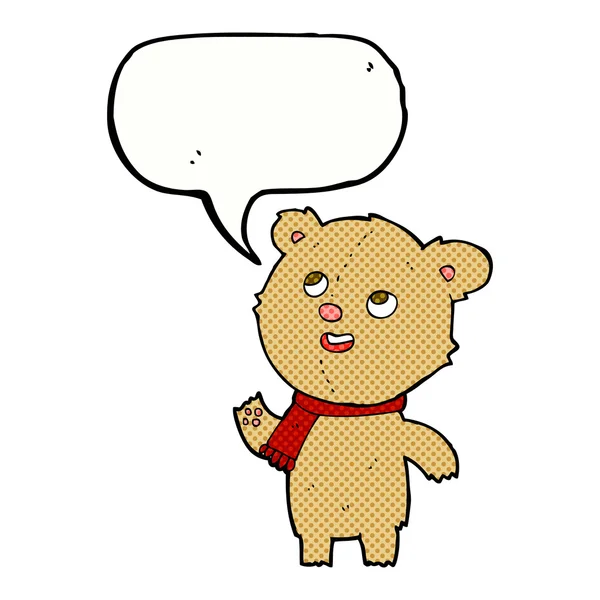 Cartoon-Teddybär trägt Schal mit Sprechblase — Stockvektor