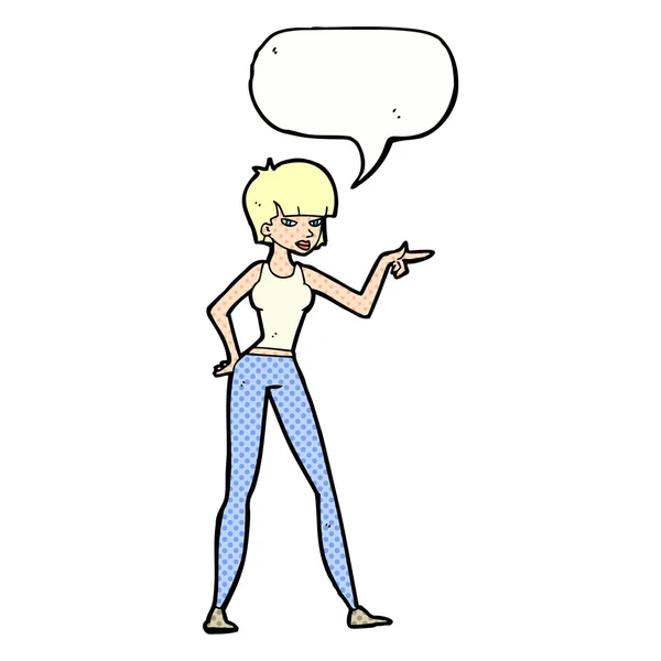 スピーチバブルを指差している漫画の女性 — ストックベクタ