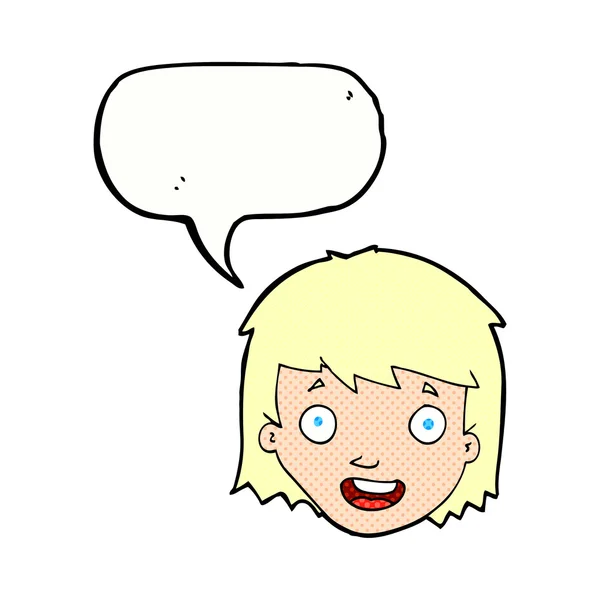 Dibujos animados cara femenina feliz con burbuja de habla — Vector de stock