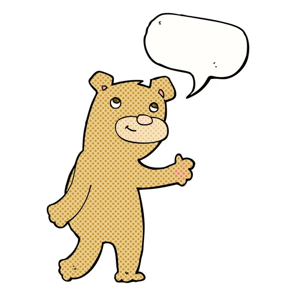 Cartoon happy waving bear with speech bubble — Stock Vector