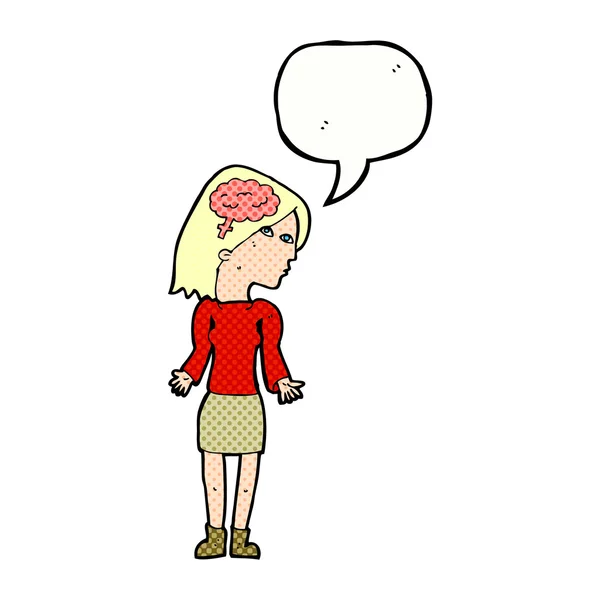 Cartoon clever woman shrugging shoulders with speech bubble — Stock Vector