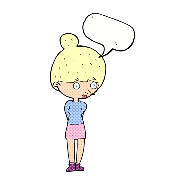 Mujer de dibujos animados mirando con burbuja del habla — Vector de stock