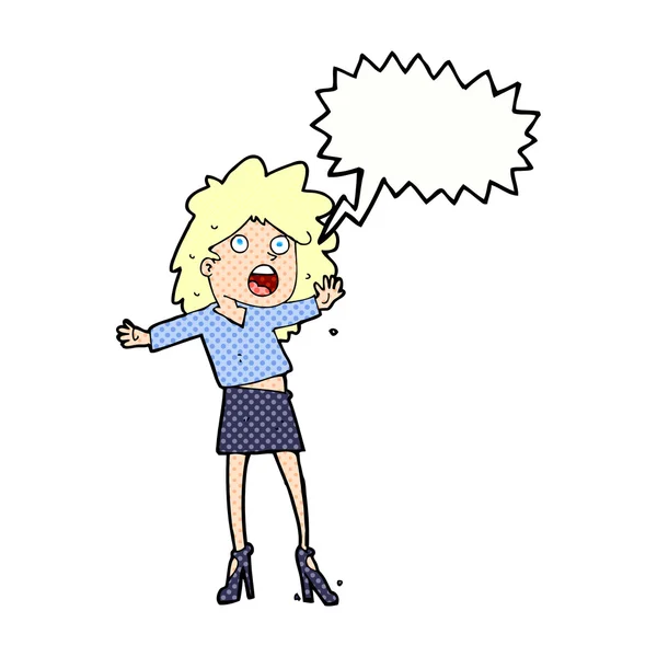 Cartoon woman having trouble walking in heels with speech bubble — Stock Vector