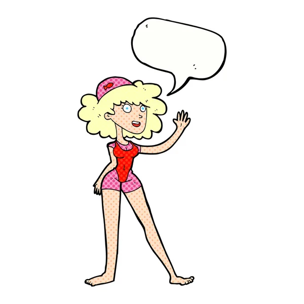 Cartoon zwemmer vrouw met tekstballon — Stockvector