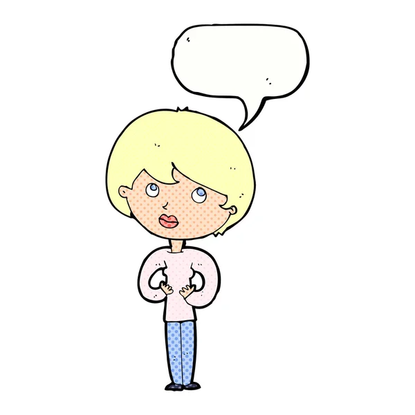 Cartoon woman making Who Me? gesture with speech bubble — Stock Vector