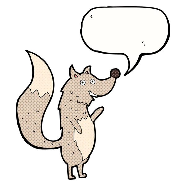 Loup agitant dessin animé avec bulle de parole — Image vectorielle