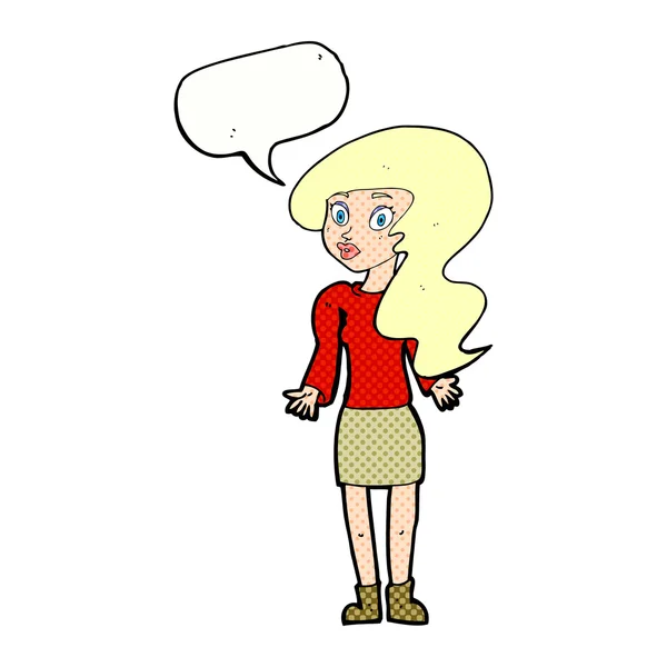 Cartoon vrouw shrugging schouders met spraak zeepbel — Stockvector