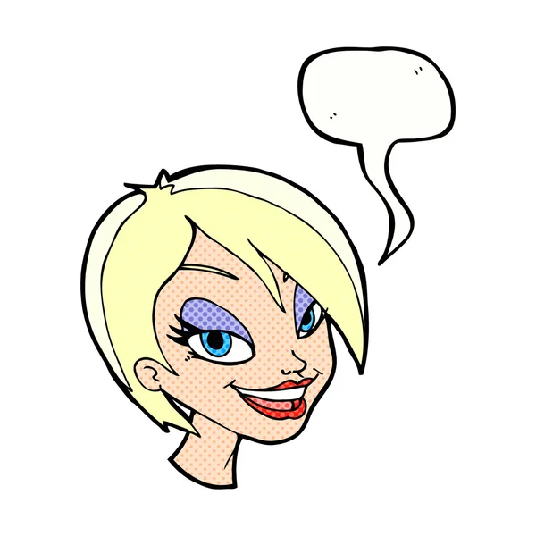 Karikatur hübsches weibliches Gesicht mit Sprechblase — Stockvektor