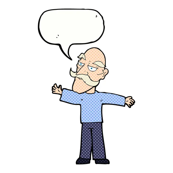Cartoon old man spreading arms wide with speech bubble — Stock Vector