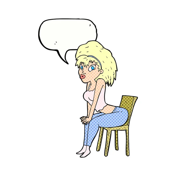 Konuşma baloncuğuyla sandalyede poz veren karikatür kadın — Stok Vektör