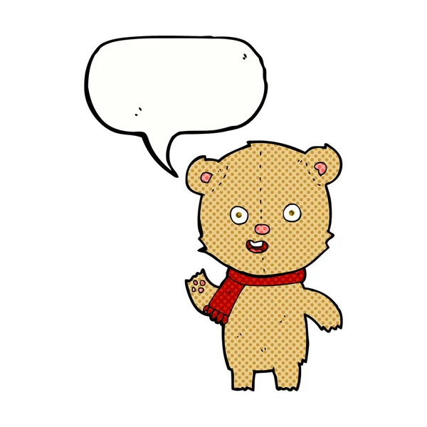 Cartoon waving teddy bear with scarf with speech bubble — Stock Vector