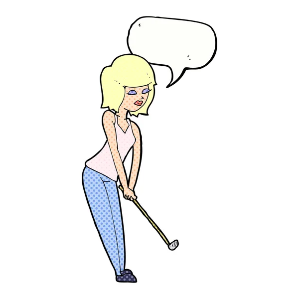 Cartoon vrouw golfen met tekstballon — Stockvector