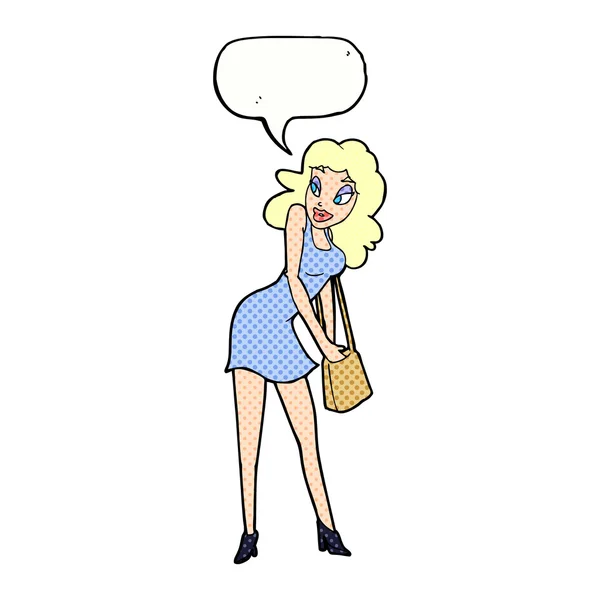 Cartoon woman looking in handbag with speech bubble — Stock Vector