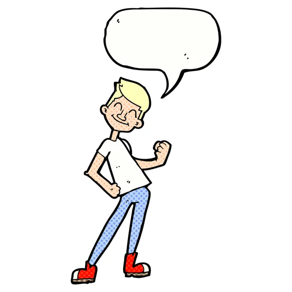 Cartoon celebrating man with speech bubble — Stock Vector