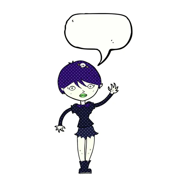 Cartoon vampire girl waving with speech bubble — Stock Vector