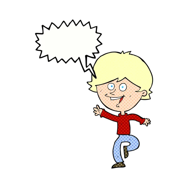 Cartoon happy waving boy with speech bubble — Stock Vector
