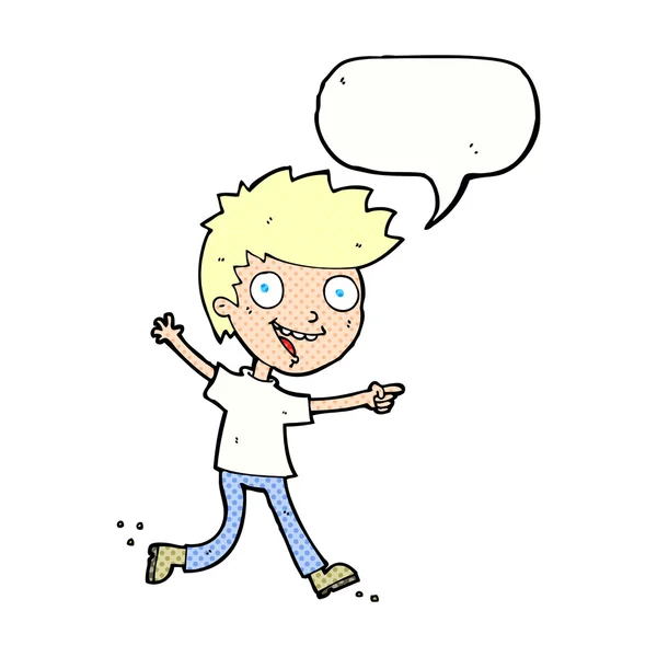 Dibujos animados loco emocionado chico con el habla burbuja — Archivo Imágenes Vectoriales