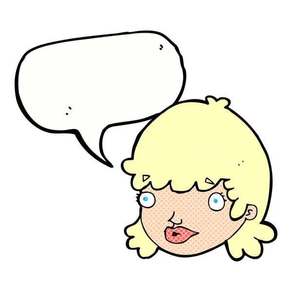 Desenho animado rosto feminino com expressão surpresa com bolha de fala — Vetor de Stock
