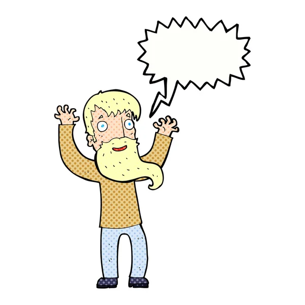 Dibujos animados hombre excitado con barba con burbuja de habla — Vector de stock