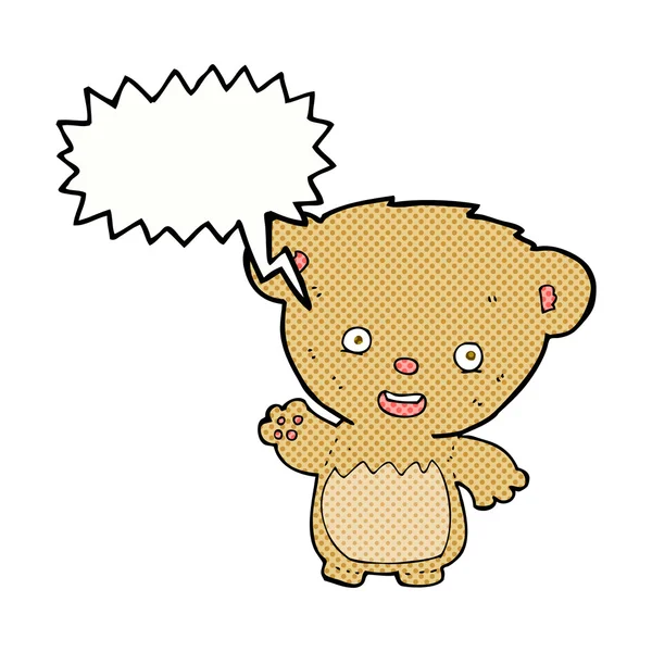 Cartoon teddy bear waving with speech bubble — Stock Vector