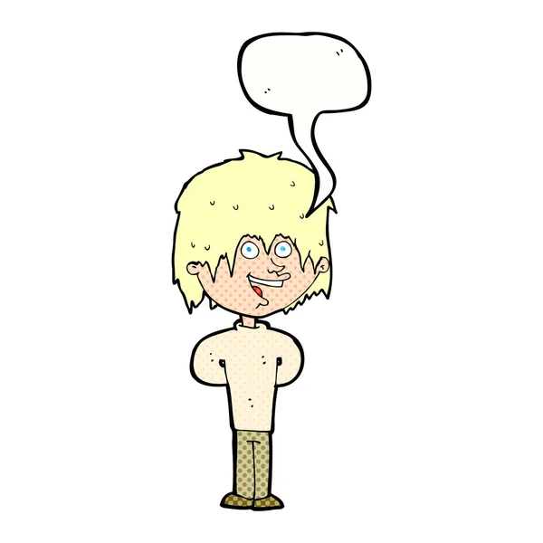 Cartoon happy scruffy boy with speech bubble — Stock Vector