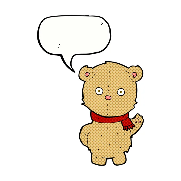 Cartoon teddy bear wearing scarf with speech bubble — Stock Vector