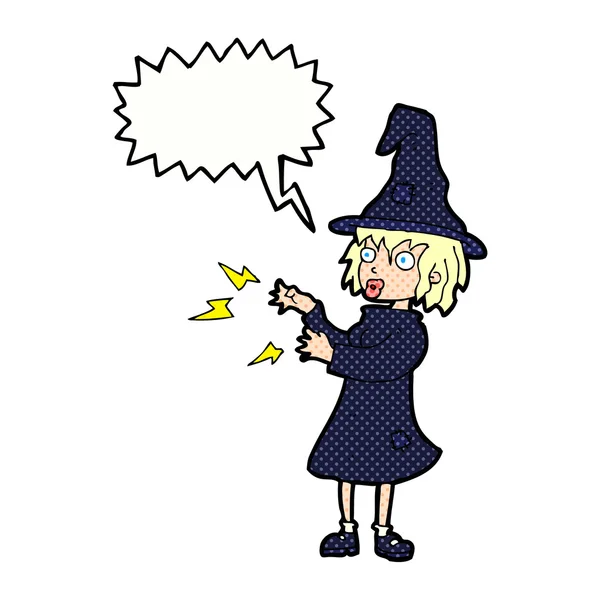 Cartoon witch casting spell with speech bubble — Stock Vector