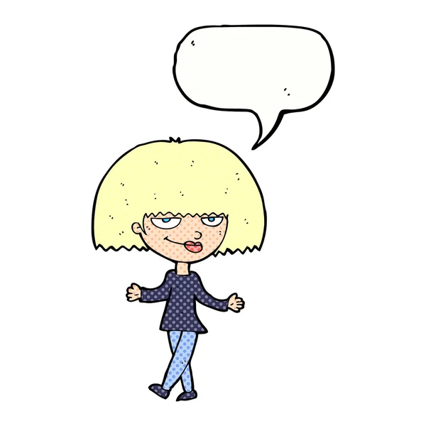 Karikatur selbstgefällig aussehende Frau mit Sprechblase — Stockvektor