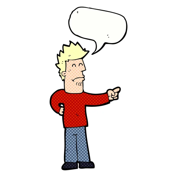 Homem dos desenhos animados apontando com bolha de fala — Vetor de Stock
