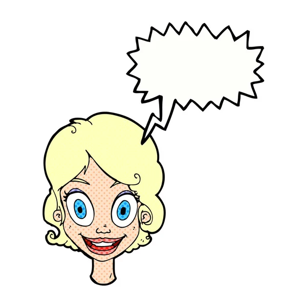 Cartoon happy woman with speech bubble — Stock Vector