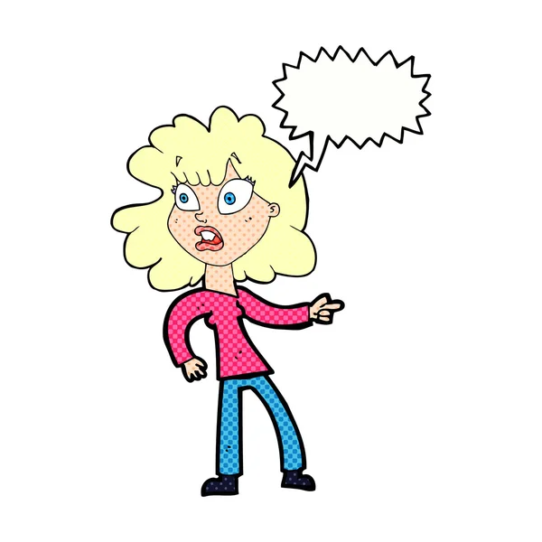 Cartoon bezorgd woman wijzend met tekstballon — Stockvector