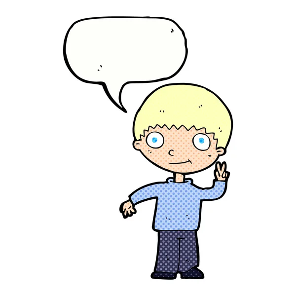 Tecknad pojke ger fred tecken med tal bubbla — Stock vektor