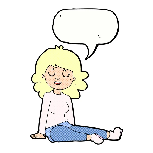 Dessin animé femme heureuse assise sur le sol avec bulle de parole — Image vectorielle
