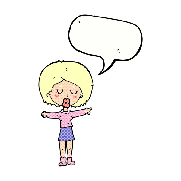 Γελοιογραφία κατάδειξης γυναίκα με το συννεφάκι λόγου — Διανυσματικό Αρχείο